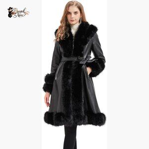 Faux Leather Jacket with Faux Fur Collar, Peplum Parka Coat with Belt